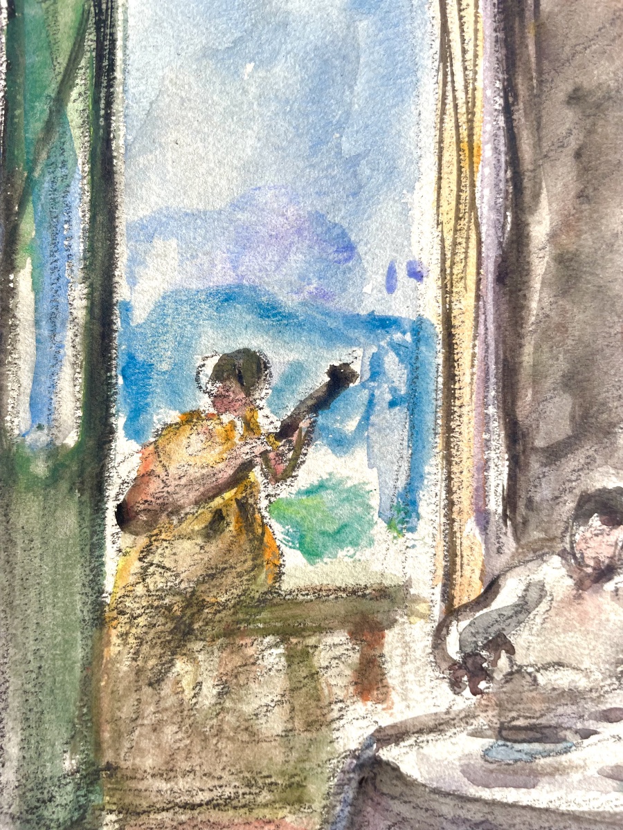 Henri Lebasque (1865-1937), intérieur au guitariste, aquarelle/fusain, signée, ca1925, 24x19 cm-photo-4