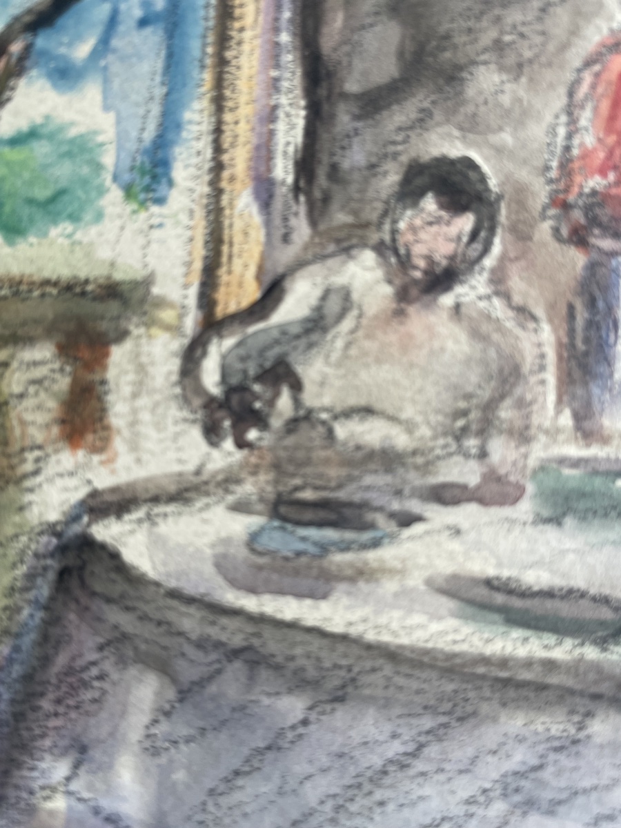 Henri Lebasque (1865-1937), intérieur au guitariste, aquarelle/fusain, signée, ca1925, 24x19 cm-photo-2