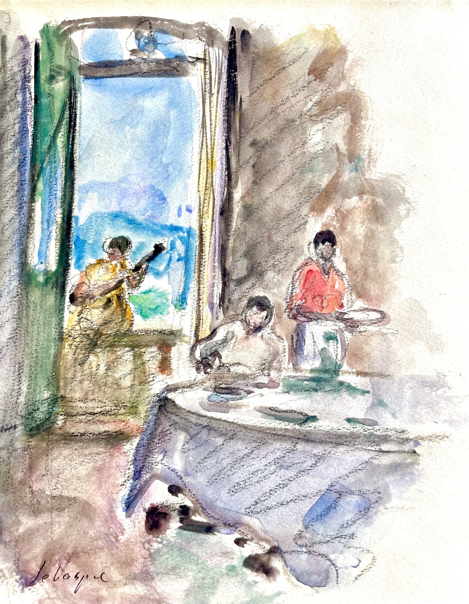 Henri Lebasque (1865-1937), intérieur au guitariste, aquarelle/fusain, signée, ca1925, 24x19 cm-photo-3