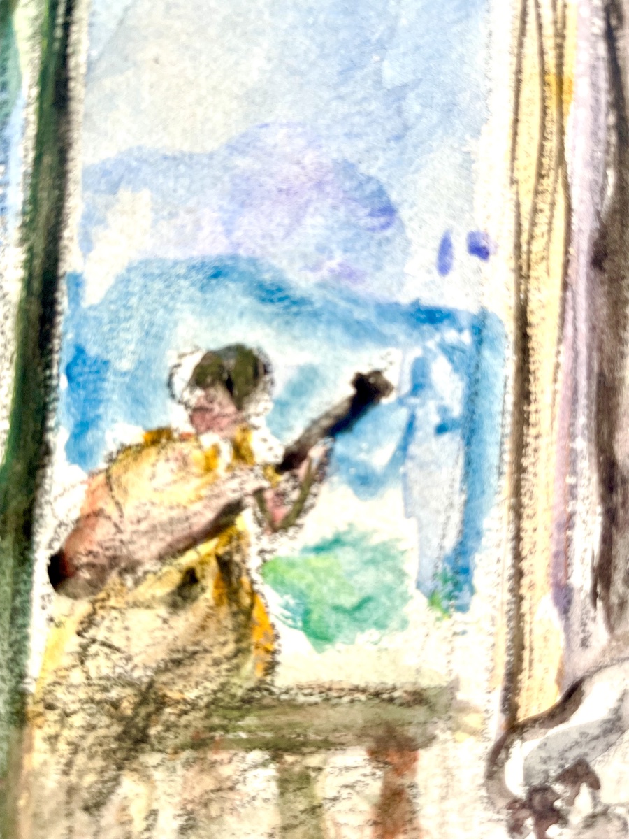 Henri Lebasque (1865-1937), intérieur au guitariste, aquarelle/fusain, signée, ca1925, 24x19 cm-photo-4