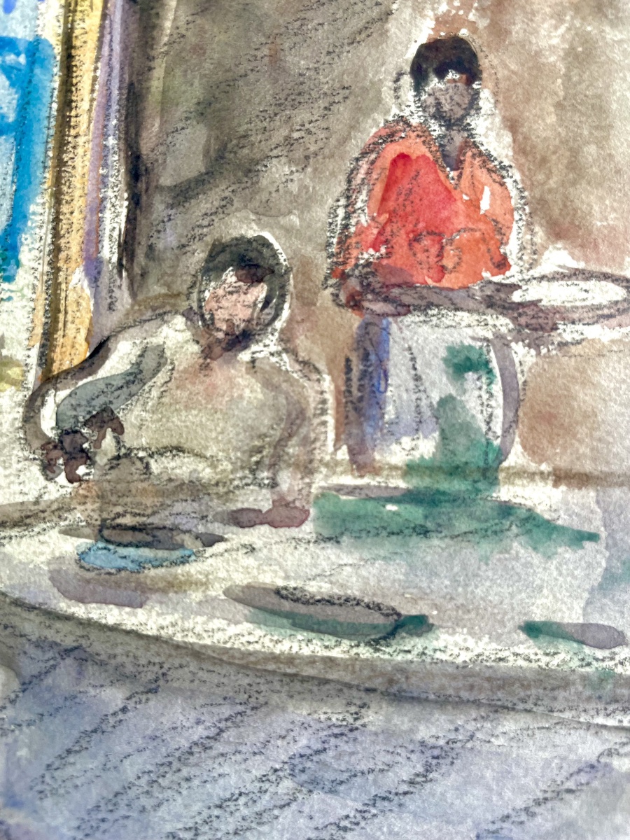 Henri Lebasque (1865-1937), intérieur au guitariste, aquarelle/fusain, signée, ca1925, 24x19 cm-photo-5