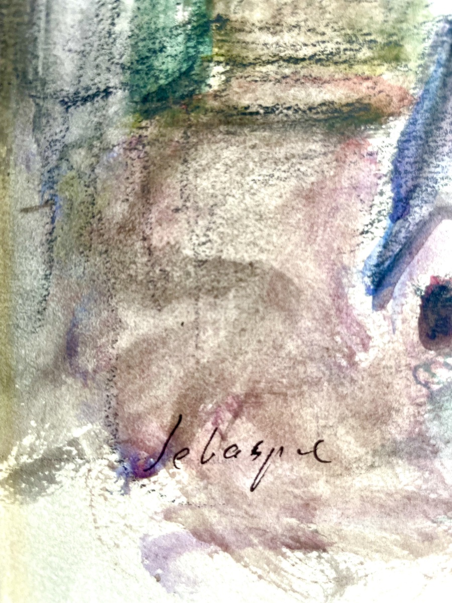 Henri Lebasque (1865-1937), intérieur au guitariste, aquarelle/fusain, signée, ca1925, 24x19 cm-photo-7