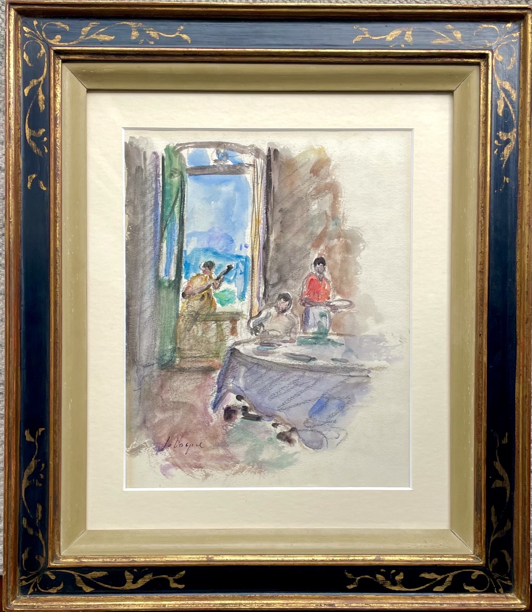 Henri Lebasque (1865-1937), intérieur au guitariste, aquarelle/fusain, signée, ca1925, 24x19 cm