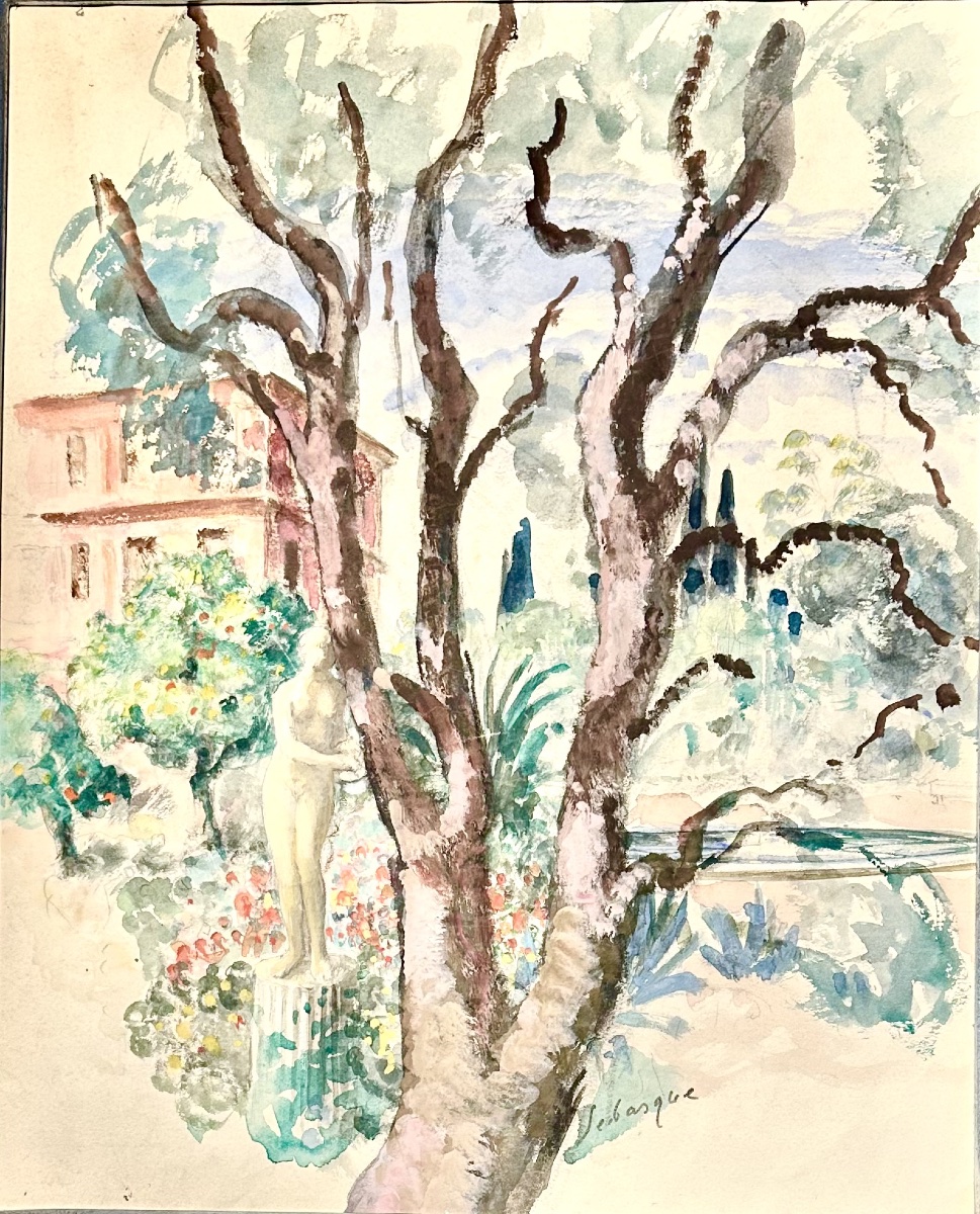 Henri Lebasque(1865-1937), sculpture dans le jardin, aquarelle et gouache, signée, ca 1930..-photo-2