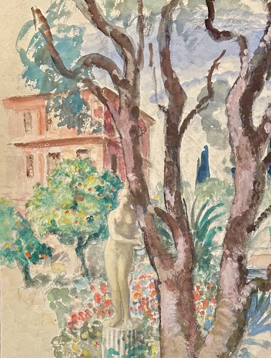 Henri Lebasque(1865-1937), sculpture dans le jardin, aquarelle et gouache, signée, ca 1930..-photo-3