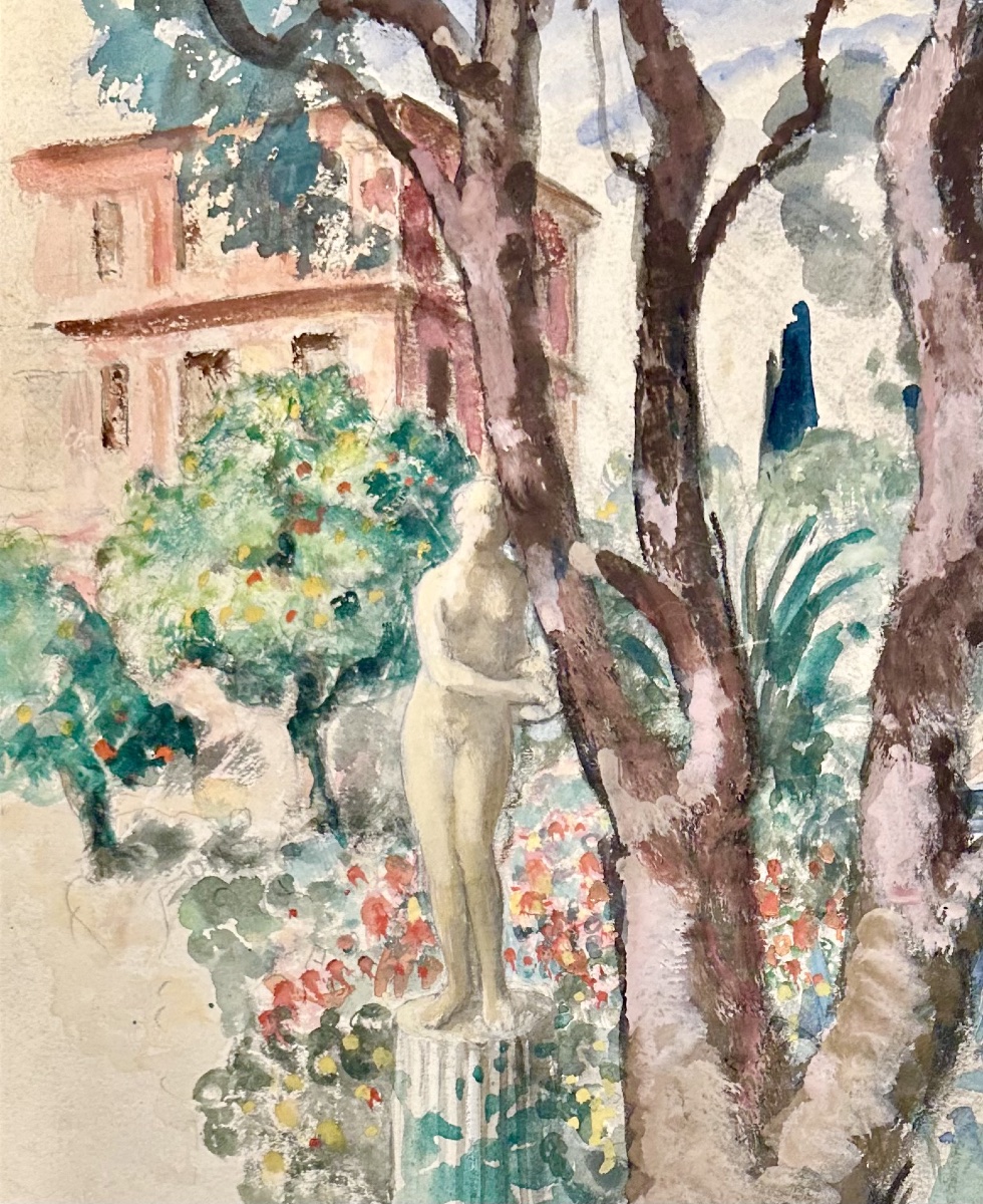 Henri Lebasque(1865-1937), sculpture dans le jardin, aquarelle et gouache, signée, ca 1930..-photo-4