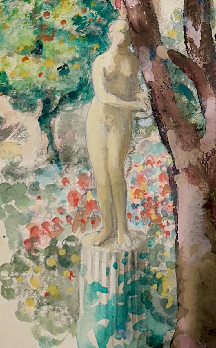 Henri Lebasque(1865-1937), sculpture dans le jardin, aquarelle et gouache, signée, ca 1930..-photo-1