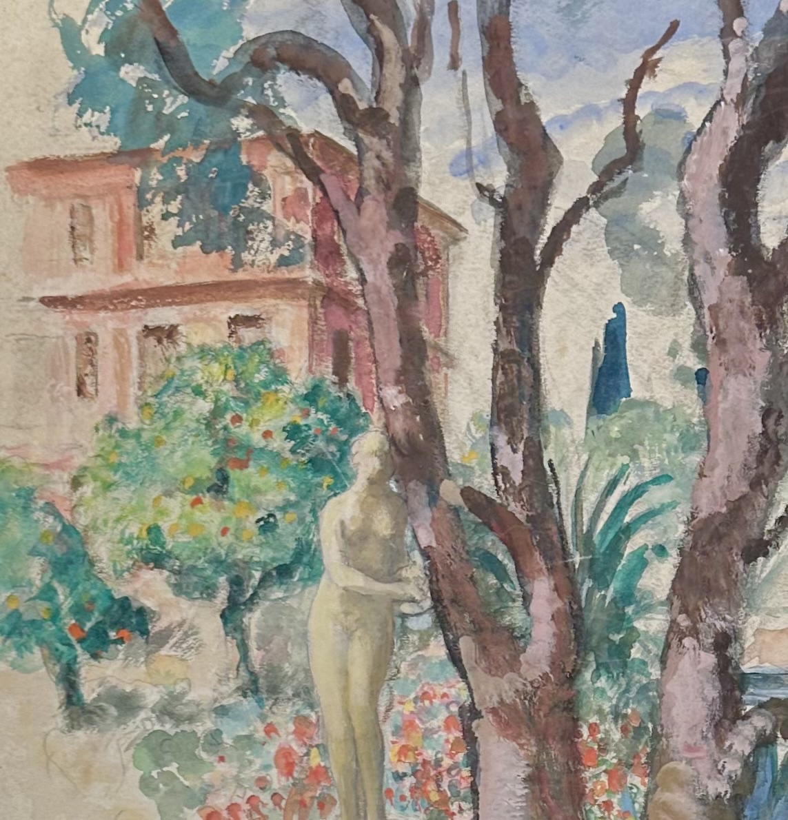 Henri Lebasque(1865-1937), sculpture dans le jardin, aquarelle et gouache, signée, ca 1930..-photo-2