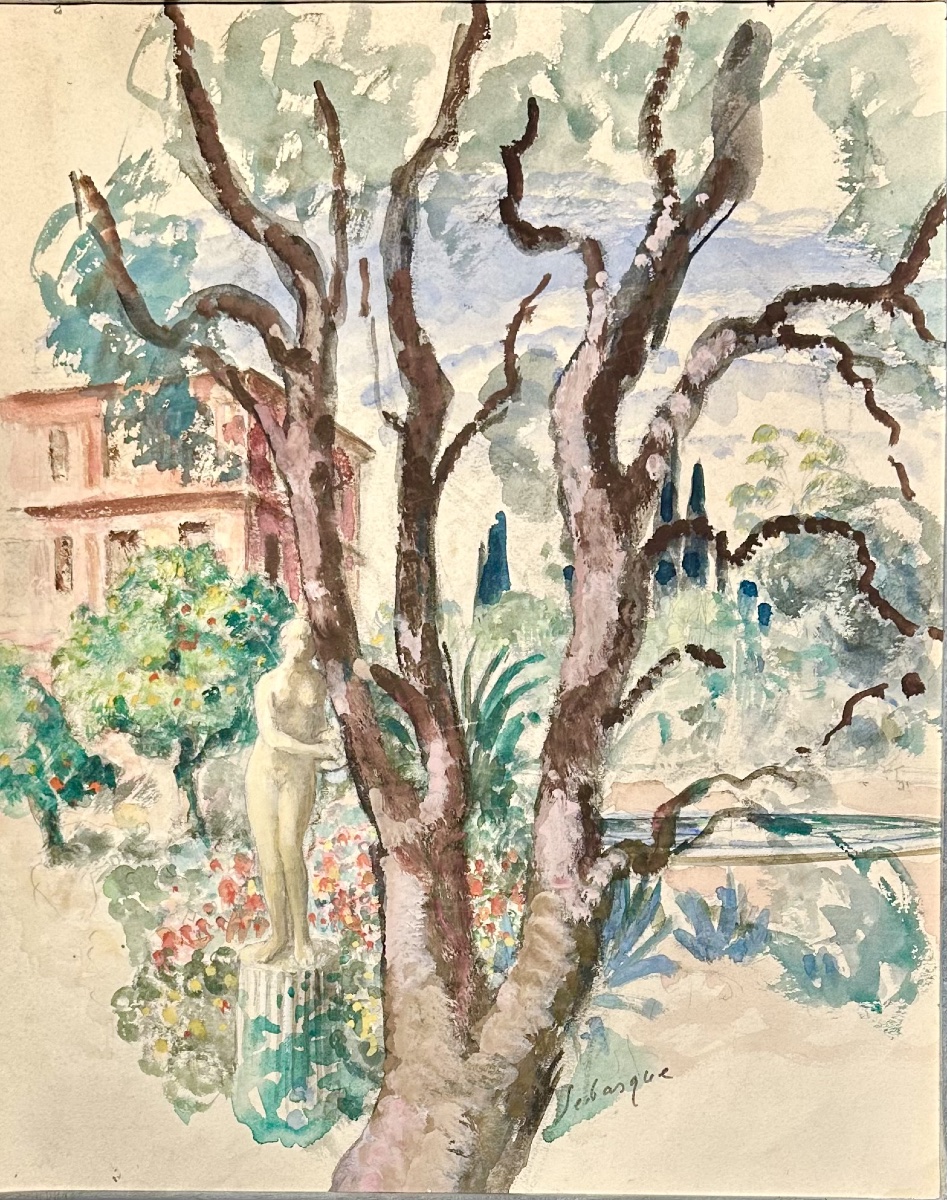 Henri Lebasque(1865-1937), sculpture dans le jardin, aquarelle et gouache, signée, ca 1930..-photo-7