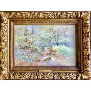 Joseph Cm Jeannot (1855-1935), Clearing In The Forest, Watercolor, Signed, Titled, Ca 1900.