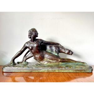 M. Secondo, Woman With Panther, Art Deco Plaster Signed And Dated 1928, Medal Patina -green,