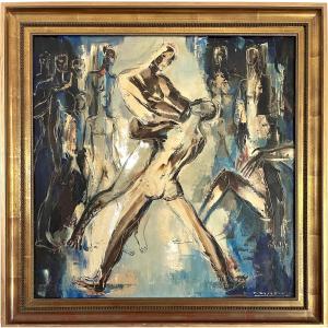 Paul Daxhelet (1905-1993), les lutteurs, hst, signée, ca 1960, dim:70,5x70,5 cm,  encadré.