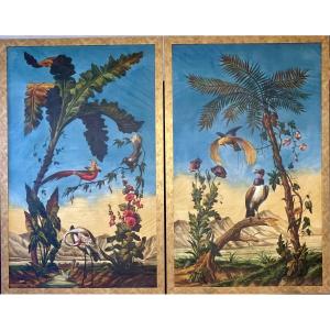 Paire de tempera sur toile, paysages aux oiseaux exotiques, suiveur de J. Barraband,  ca 1820.