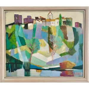 André Duret (1921-2014), Le Village Perché, Oil On Canvas, Signed, Ca. 1980, Framed.