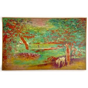 Paul Georges Klein. (1909-1994), balade au parc, huile sur toile, signée, ca1955, dim:37x51cm
