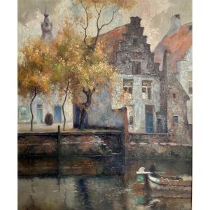 Julien Célia (1884-1953), The Canal At Bruges, Oil/canvas, Signed, Ca. 1935, 66x55 Cm, Framed.