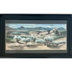 Claude Piéchaud(1928-2008), vue sur les Alpilles, pastel/papier, signé, ca 1965, 28x64,5 cm.