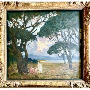 Paul Charavel (1877-1961), à l’ombre des pins, huile/panneau, signée, 1928, 55x51cm (65x60 cm).