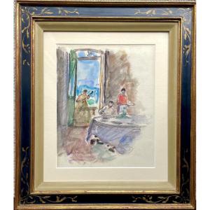 Henri Lebasque (1865-1937), intérieur au guitariste, aquarelle/fusain, signée, ca1925, 24x19 cm