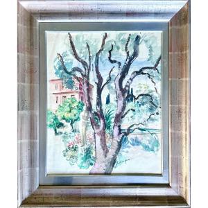 Henri Lebasque(1865-1937), sculpture dans le jardin, aquarelle et gouache, signée, ca 1930..