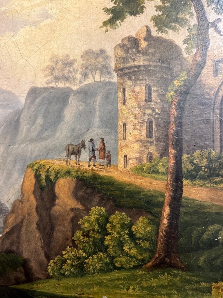 Ecole Romantique Vers 1830   Paysage Au Château Huile Sur Toile -photo-3