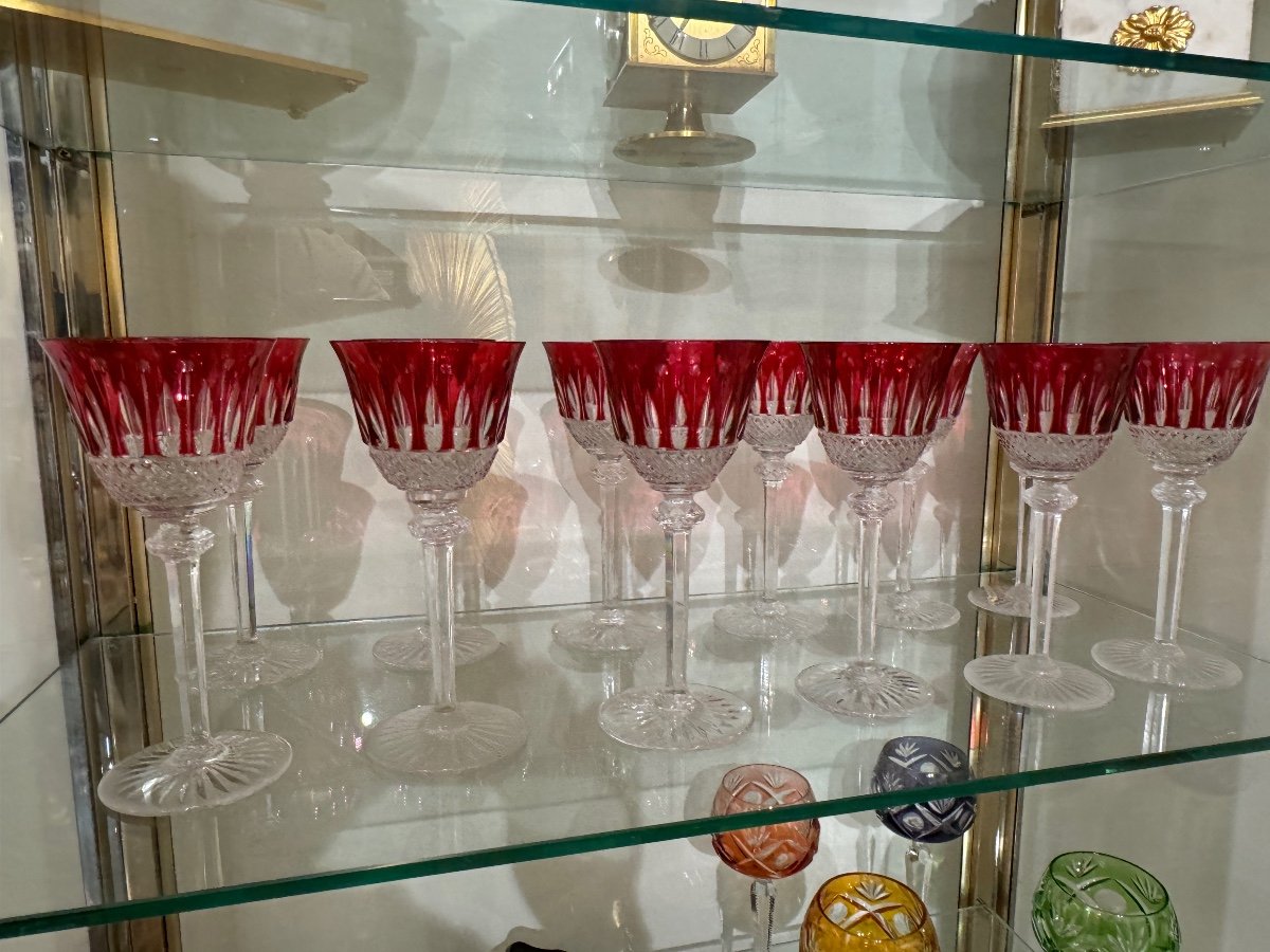 Ensemble De 12 Verres Cristal  Rouge Signé Saint Louis Modèle Tommy 19,8cm -photo-1