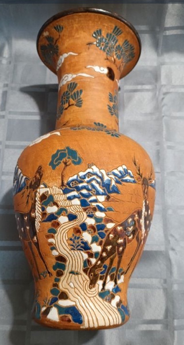 Vietnam Vase XIX Eme Ven Ceramics From Bien Hoa Deer Decor -photo-1