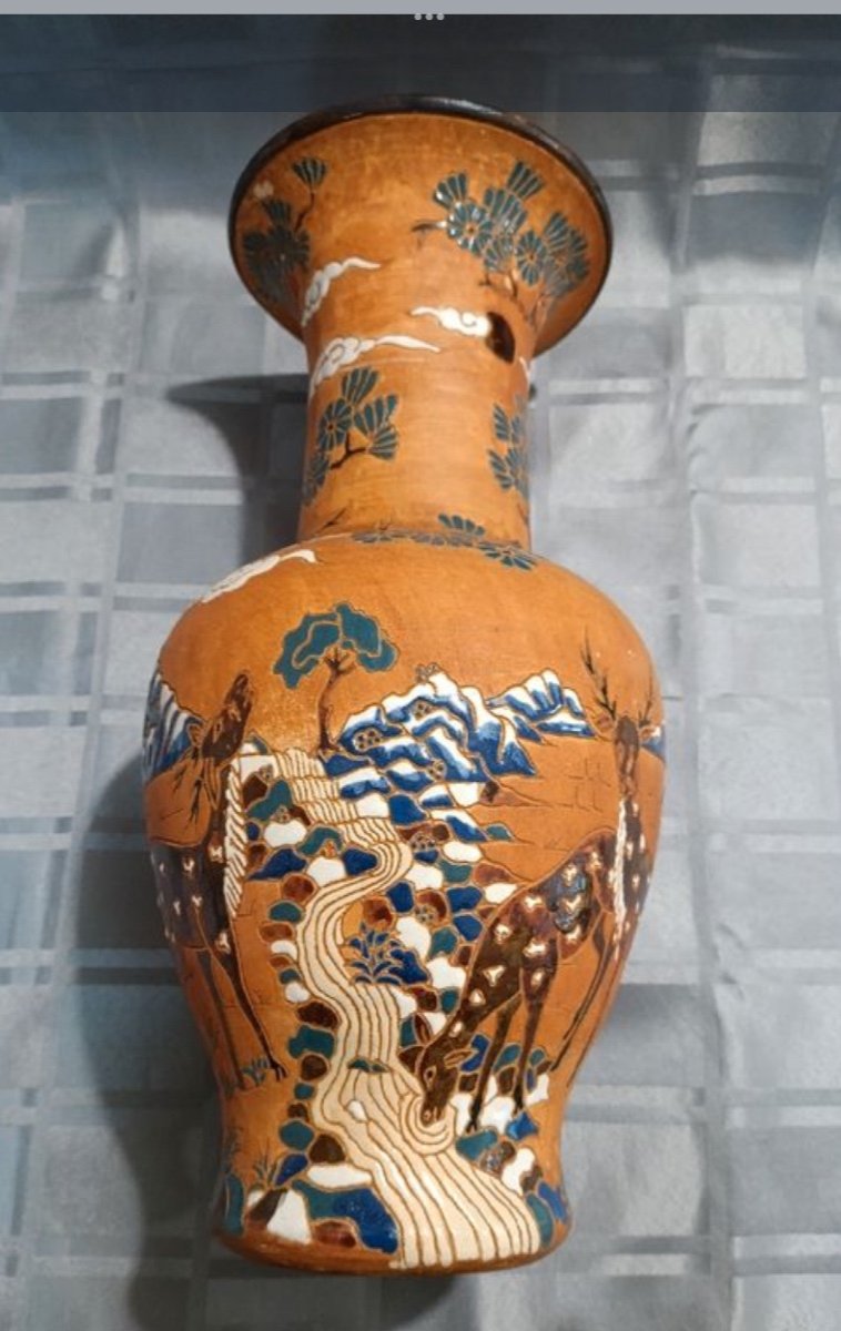 Vietnam Vase XIX Eme Ven Ceramics From Bien Hoa Deer Decor -photo-3