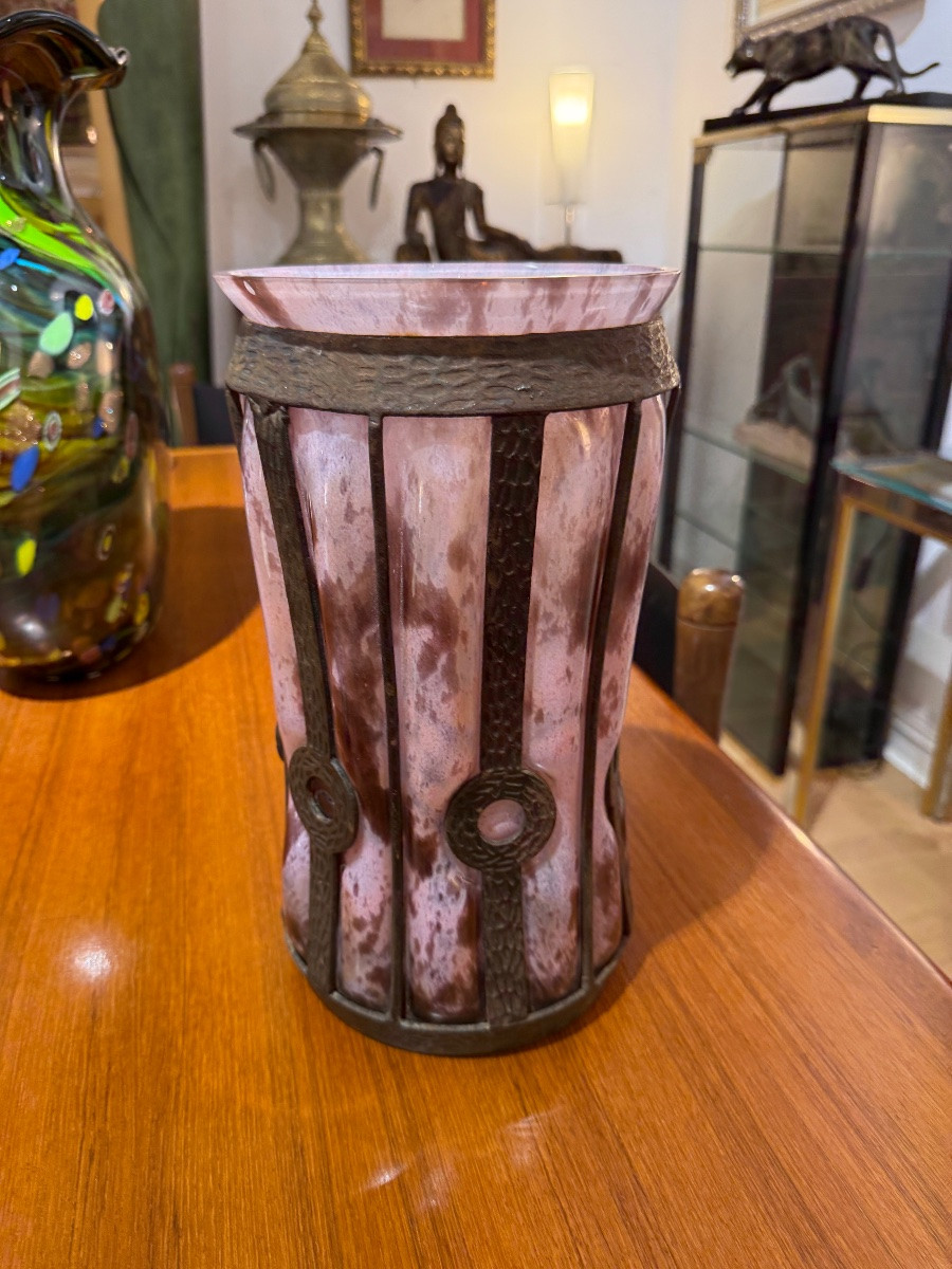 Louis Majorelle For Daum, Art Deco Glass And Wrought Iron Art Glass Vase-photo-1