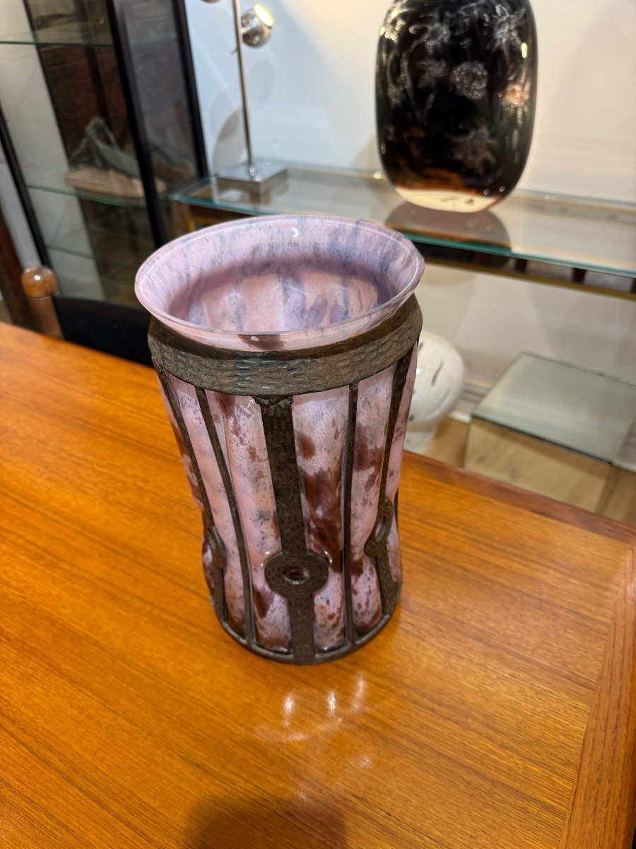 Louis Majorelle For Daum, Art Deco Glass And Wrought Iron Art Glass Vase-photo-2