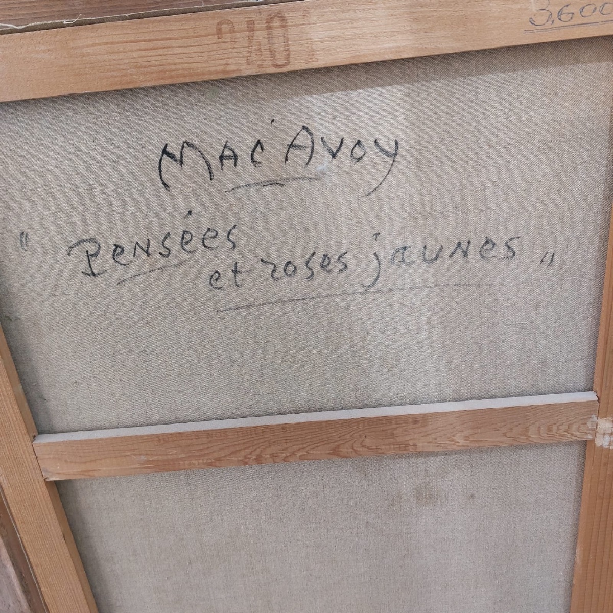 Huile sur toile “pensées et roses jaunes” signé Mac’ Avoy-photo-4