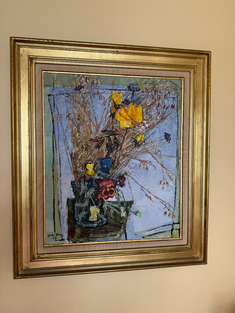 Huile sur toile “pensées et roses jaunes” signé Mac’ Avoy-photo-1