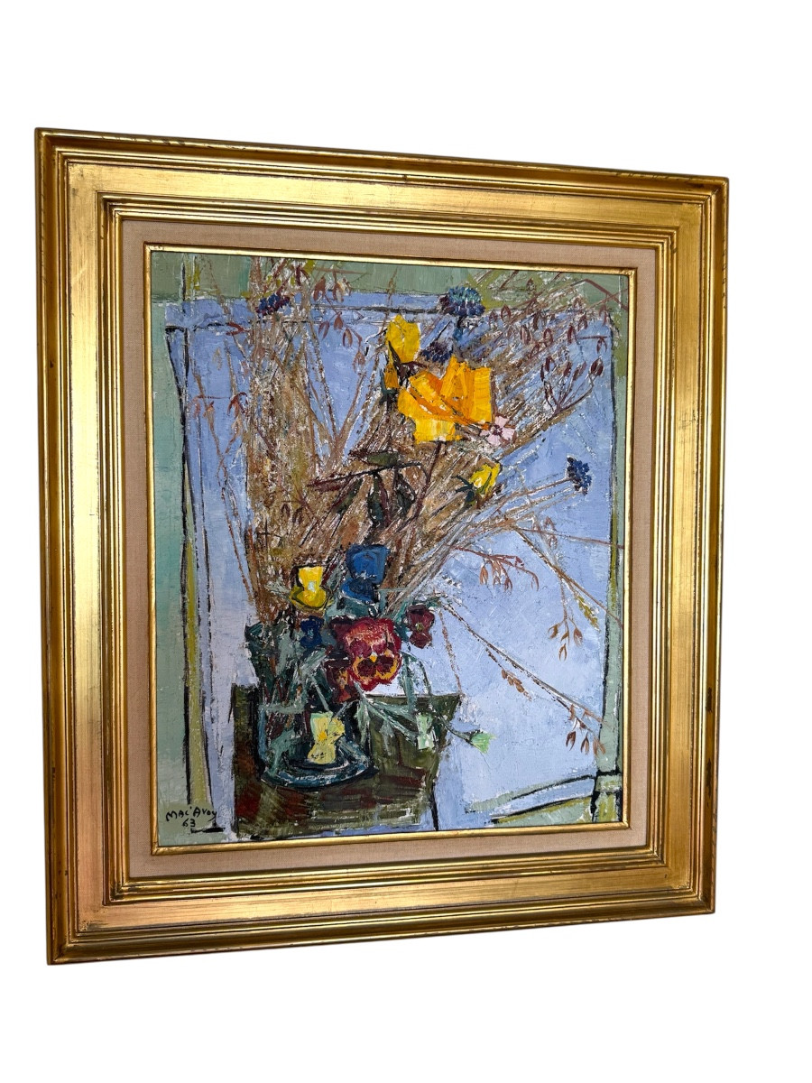 Huile sur toile “pensées et roses jaunes” signé Mac’ Avoy