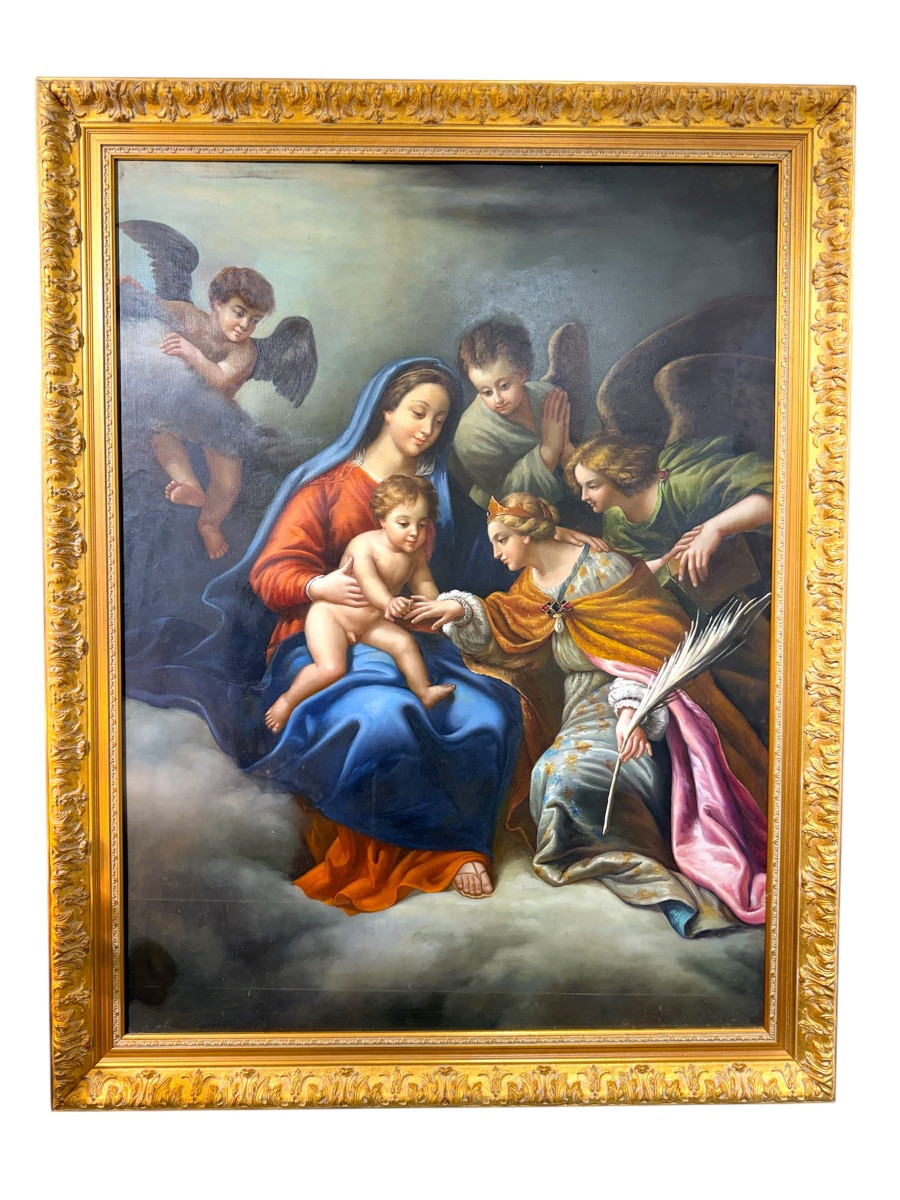 Oil On Canvas, 19th Century, After Pierre Mignard - Mystical Marriage Of Saint Catherine