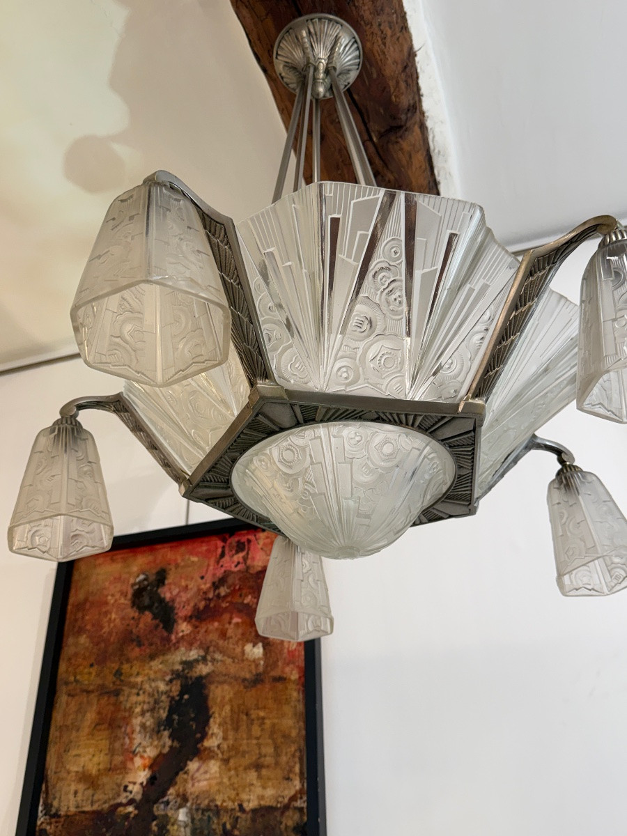 Exceptional Art Deco Chandelier By Hettier-vincent And Hanots, Signed (art Deco Chandeliers 1930)-photo-3