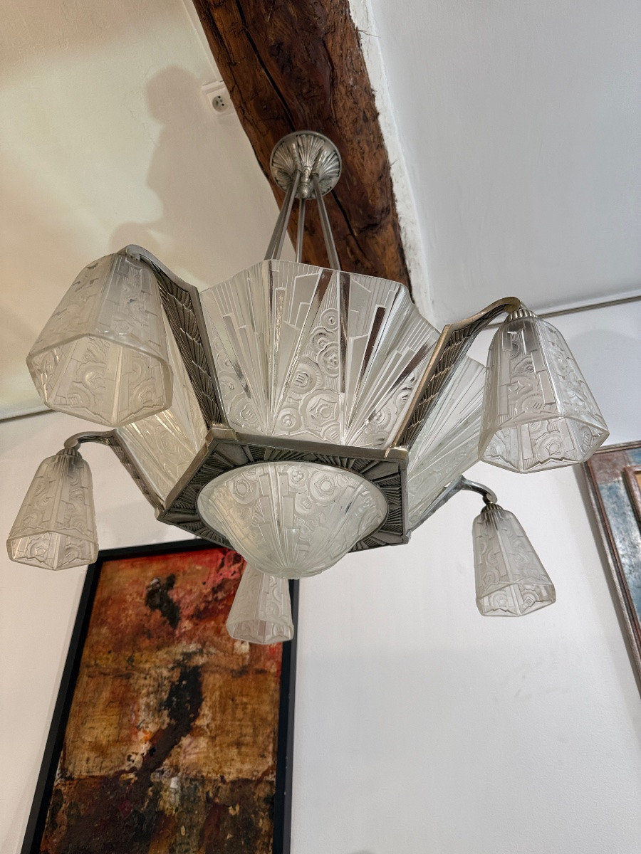 Exceptional Art Deco Chandelier By Hettier-vincent And Hanots, Signed (art Deco Chandeliers 1930)-photo-4
