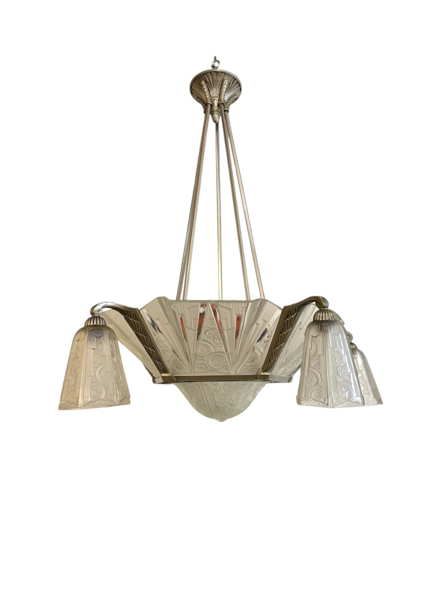 Exceptional Art Deco Chandelier By Hettier-vincent And Hanots, Signed (art Deco Chandeliers 1930)-photo-5