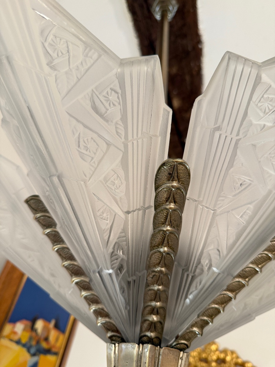 Art Deco Press-molded Glass And Nickel-plated Bronze Chandelier, Circa 1930-photo-2