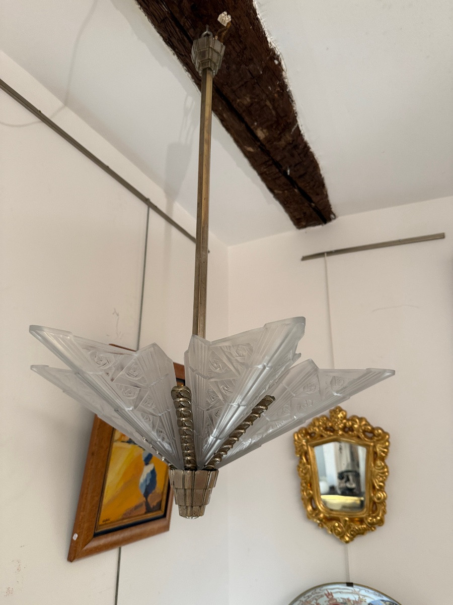 Art Deco Press-molded Glass And Nickel-plated Bronze Chandelier, Circa 1930-photo-4