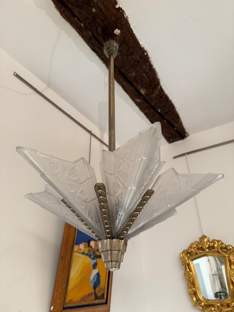 Art Deco Press-molded Glass And Nickel-plated Bronze Chandelier, Circa 1930-photo-1
