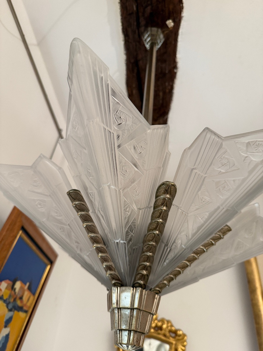 Art Deco Press-molded Glass And Nickel-plated Bronze Chandelier, Circa 1930-photo-2