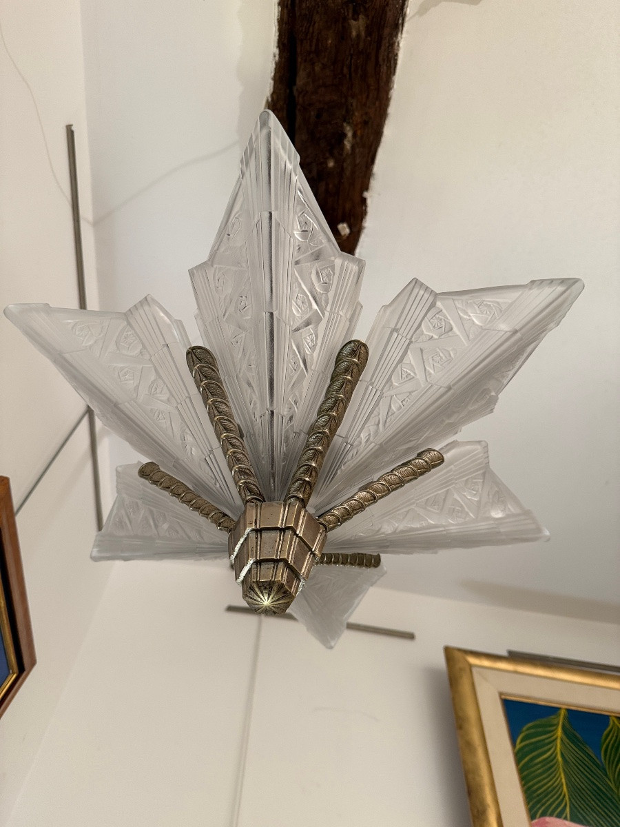 Art Deco Press-molded Glass And Nickel-plated Bronze Chandelier, Circa 1930-photo-3
