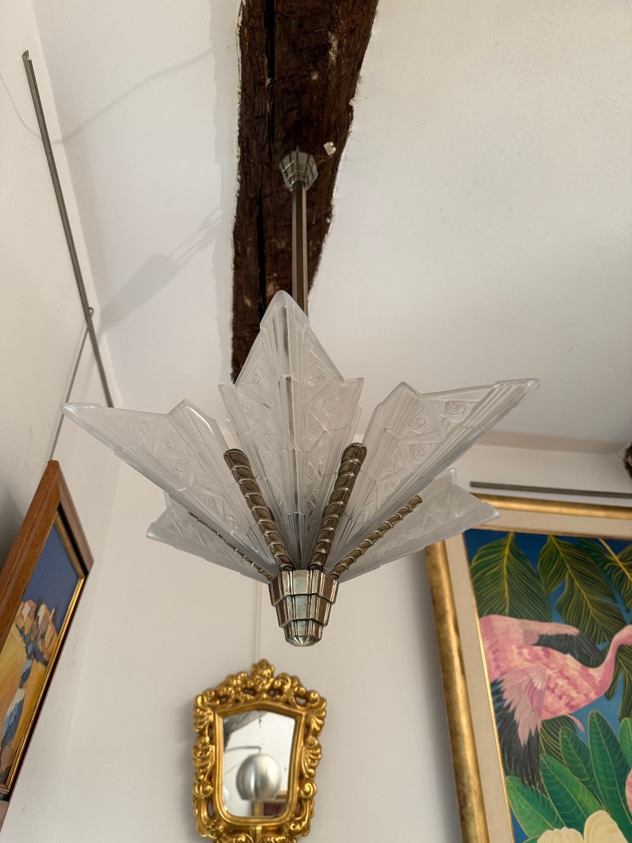 Art Deco Press-molded Glass And Nickel-plated Bronze Chandelier, Circa 1930-photo-4