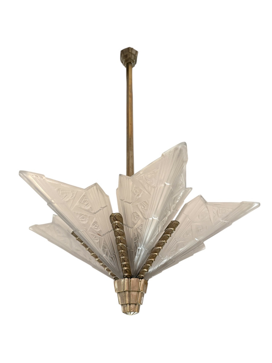 Art Deco Press-molded Glass And Nickel-plated Bronze Chandelier, Circa 1930