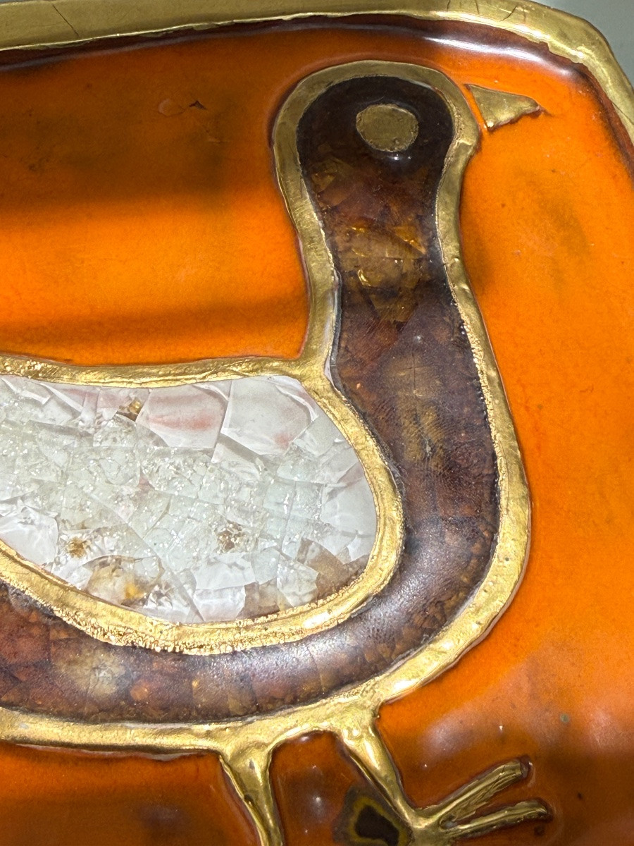 Mithe Espelt 1923-2020 Mirror "stele" With Pediment, Enameled Bird On An Orange Ceramic Background -photo-2