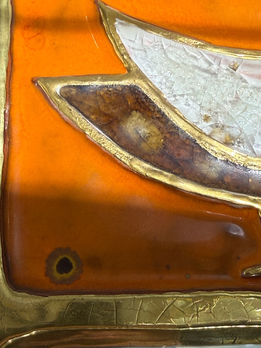Mithe Espelt 1923-2020 Mirror "stele" With Pediment, Enameled Bird On An Orange Ceramic Background -photo-3