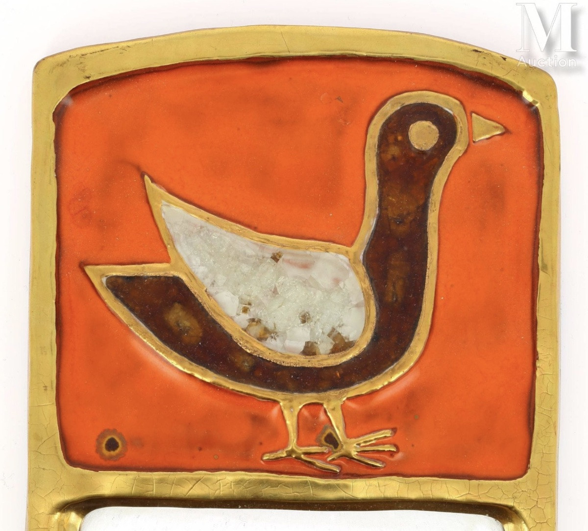 Mithe Espelt 1923-2020 Mirror "stele" With Pediment, Enameled Bird On An Orange Ceramic Background -photo-2