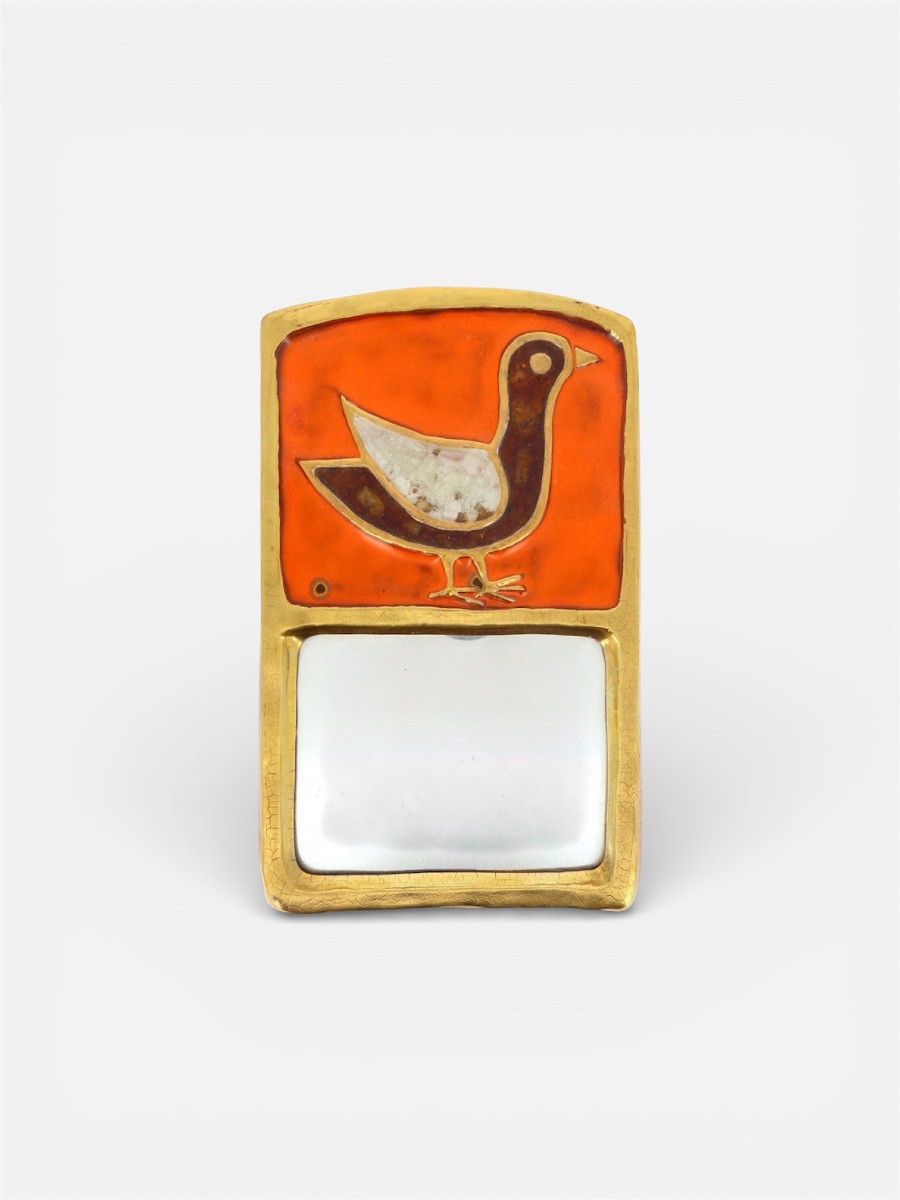 Mithe Espelt 1923-2020 Mirror "stele" With Pediment, Enameled Bird On An Orange Ceramic Background 