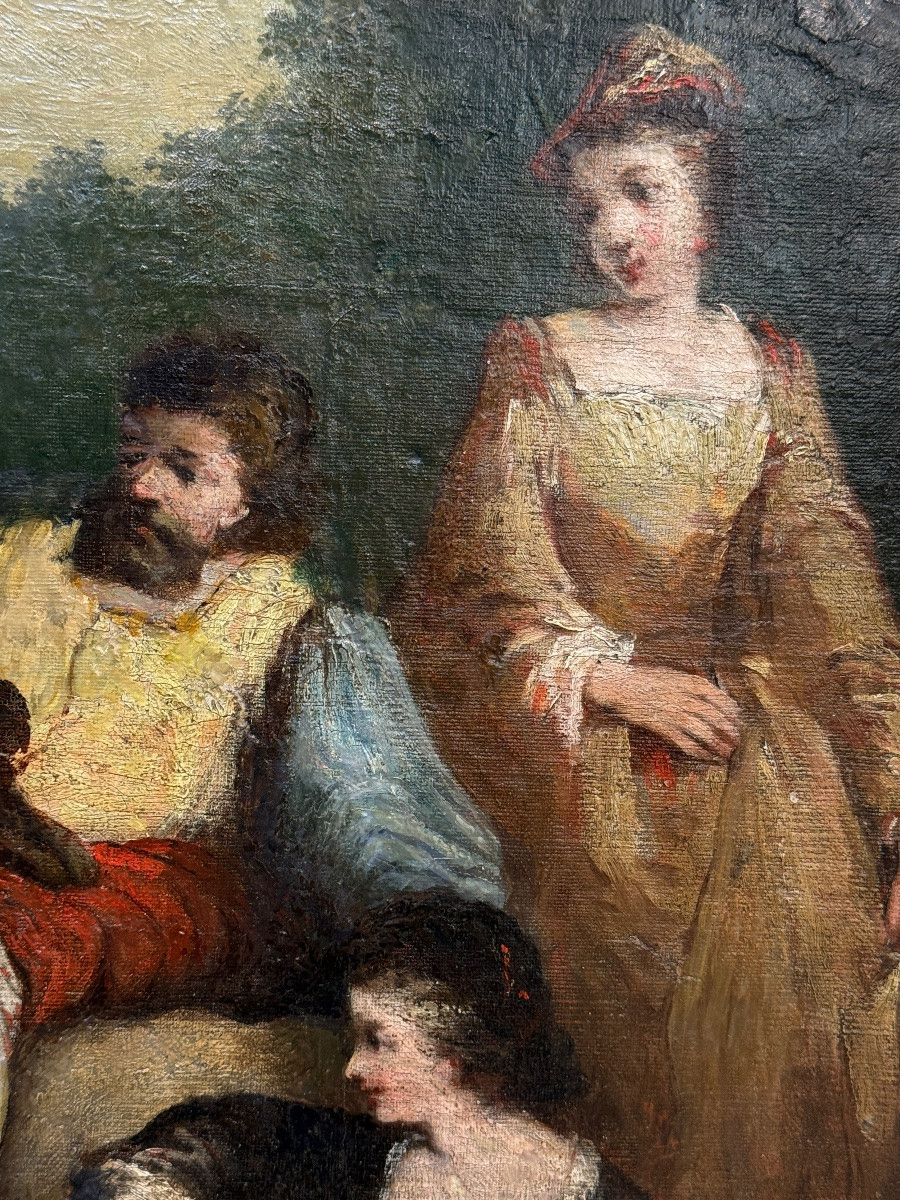 Tableau ancien – scène de genre XIX eme avec cadre doré -photo-1