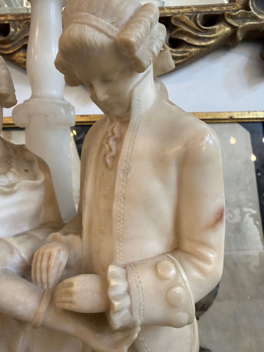 Large Marble And Alabaster Lamp – Gallant Scene In The Louis XVI Style-photo-2